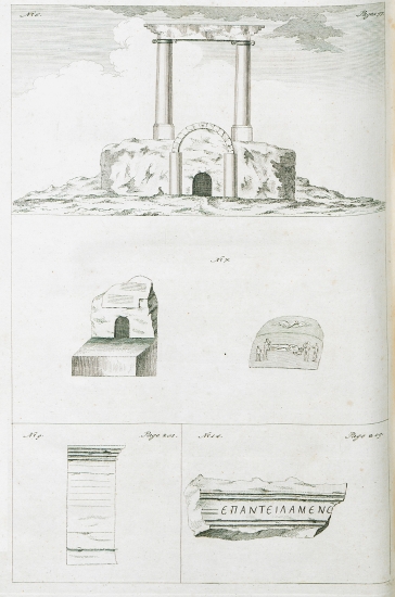 1. Είσοδος κατακόμβης με κίονες Κορινθιακού ρυθμού στο όρος Σέιχ Βαρακέτ κοντά στο Χαλέπι. 2. Είσοδος κατακόμβης Ρωμαίου στρατιώτη, μαζί με επιτύμβια στήλη, στο όρος Σέιχ Βαρακέτ κοντά στο Χαλέπι. 3. Στήλη με επιγραφή από το Ρωμαϊκό θεάτρο στην πόλη Κύρα κοντά στο Χαλέπι. 4. Θραύσμα επιγραφής από την Ιεράπολη.