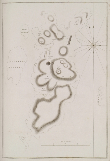 Χάρτης της Δήλου και των γύρω νήσων (Μεγάλος Ρεματιάρης, Μικρός Ρεματιάρης, Χερονήσι). Στο βόρειο τμήμα της Δήλου επισημαίνεται θέση πηγής με γλυκό νερό.