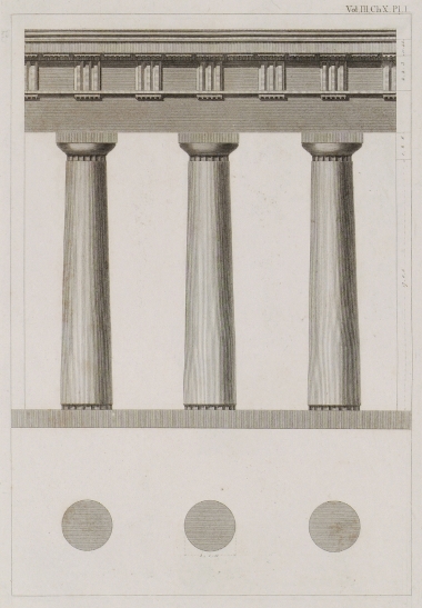 Κάτοψη δωρικών κιόνων και όψη δωρικής κιονοστοιχίας με θριγκό, πιθανότατα από Ναό του Απόλλωνα στη Δήλο.
