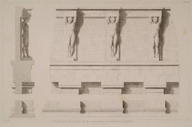Η πεσσοστοιχία στον σηκό του Ναού του Δία στον Ακράγαντα. Όψη και τομή πεσσών με τα αγάλματα των Ατλάντων.