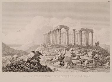 Ο Ναός του Επικουρίου Απόλλωνα στις Βάσσες από τα βορειοανατολικά, με τον Μεσσηνιακό κόλπο και το όρος Ιθώμη στο βάθος.