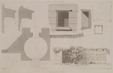 Η Αρκαδική Πύλη στην Αρχαία Μεσσήνη. Εικ. 1: Κάτοψη της πύλης. Εικ. 2: Άποψη του εσωτερικού κυκλικού χώρου. Εικ. 3 και 4: Όψη και τομή της κόγχης στον εσωτερικό κυκλικό χώρο. Εικ. 5, 6: Γείσα της κόγχης. Εικ. 7: Κάτοψη πύργου Εικ. 8: Φανταστική αναπαράσταση της εσωτερικής πύλης.