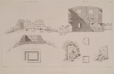 Όψη, τομή και κατόψεις οχυρωματικού πύργου στην περιοχή της Αργολίδας στον δρόμο προς την Τρίπολη. Τομή του πύργου της Αρκαδικής πύλης της αρχαίας Μεσσήνης, όψεις και κατόψεις δύο άλλων πύργων.