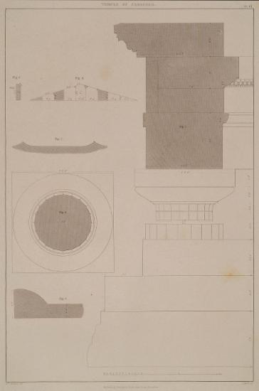 Λεπτομέρειες της κιονοστοιχίας του ναού του Καρδακίου στην Παλαιόπολη της Κέρκυρας. Εικ. 1: 'Οψη κιονοκράνου και τομή του θριγκού (φανταστική αναπαράσταση με βάση θραύσματα). Εικ. 2: Άνοψη του κιονοκράνου. Εικ. 3: Άνοψη του δακτυλίου της άνω διαμέτρου. Εικ. 4: Σχέδιο του τυμπάνου του ναού. Εικ 5: Λίθος από το τύμπανο του ναού Εικ. 6: Τομή κεράμου της στέγης από οπτή γη.