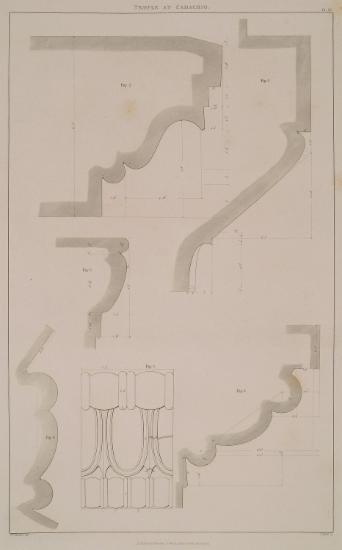 Εικ. 1: Τομή κιονοκράνου από τον ναό του Καρδακίου στην Παλαιόπολη της Κέρκυρας, στο ήμισυ του φυσικού μεγέθους. Εικ. 2: Τομή του γείσου της επίστεψης, στο ήμισυ του φυσικού μεγέθους. Εικ. 3: Τομή του εσωτερικού γείσου του θριγκού στο ήμισυ του φυσικού μεγέθους. Εικ. 4 και 5: Όψη και τομή διακοσμητικού στοιχείου. Εικ. 6: Τομή του διακοσμητικού στοιχείου.