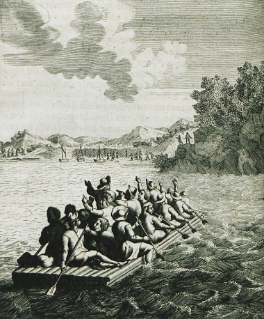 Οι ναυαγοί του Terschelling προσεγγίζουν τις ακτές της Βεγγάλης με σχεδία.