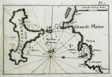 Χάρτης της νήσου Φορμεντέρα (Formentera), καθώς και του κόλπου και της ακτογραμμής γύρω από την πόλη Ίμπιζα (Ibiza), της ομώνυμης νήσου.