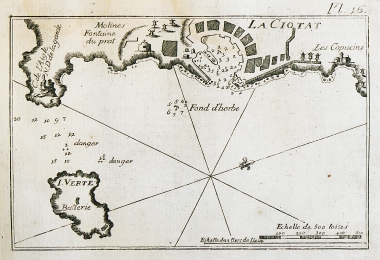 Χάρτης του λιμανιού Λα Σιοτά (La Ciotat), κοντά στη Μασσαλία, και άποψη της πόλης.