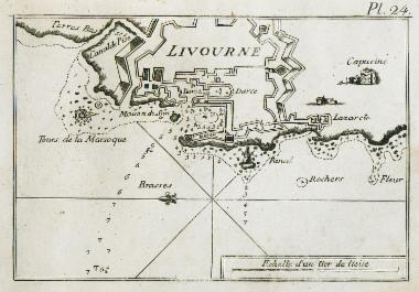 Χάρτης του λιμανιού του Λιβόρνου, και άποψη του κάστρου της πόλης.