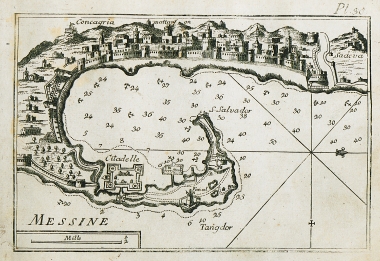 Χάρτης του κόλπου και του λιμανιού της Μεσσήνης ή Μεσίνα, η αρχαία Ζάγκλη, στη Σικελία και άποψη της πόλης.