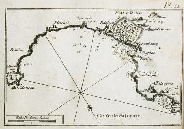 Χάρτης του κόλπου του Παλέρμου, αρχαία Πάνορμος, και του Μόντελλο, στη Σικελία.