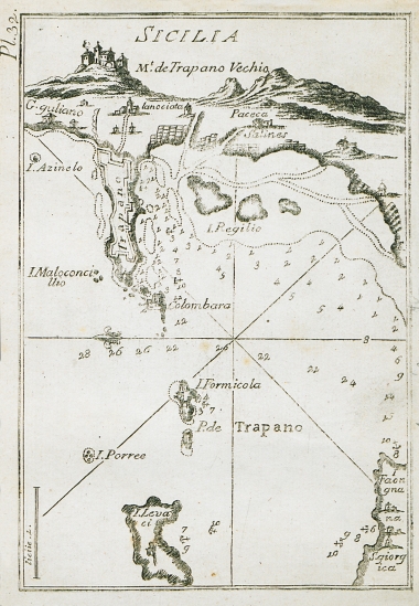 Χάρτης του κόλπου και του λιμανιού του Τράπανι, αρχαίο Δρέπανον, στη Σικελία.