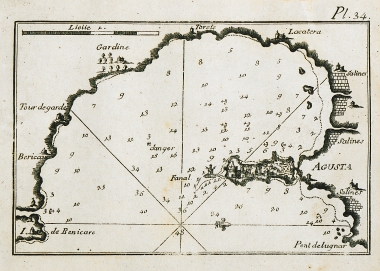 Χάρτης του κόλπου της Αγκούστα, στη Σικελία, και άποψη της πόλης.