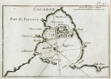 Χάρτης του κόλπου και του λιμανιού του Τάραντα, στην Ιταλία, και άποψη της πόλης.
