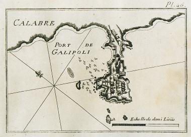 Χάρτης του λιμανιού της Καλλίπολης της Ιταλίας, και άποψη της πόλης.