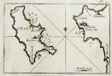 Άποψη της Ζακύνθου και της απέναντι ακτής στην Πελοπόννησο, με χαρτογράφηση των υδάτων του λιμανιού και των ανατολικών ακτών της νήσου.