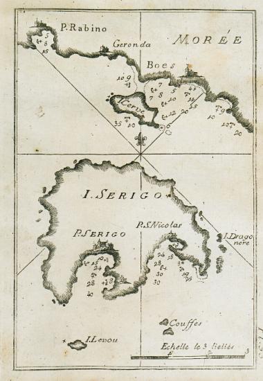 Άποψη των Κυθήρων με χαρτογράφηση των υδάτων του λιμανιού, της παραλίας του Αγίου Νικολάου και της απέναντι ακτής της Λακωνίας στην περιοχή με την Ελαφόνησο.