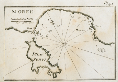 Χάρτης του κόλπου του Φοινικούντα, στην Πελοπόννησο και η νήσος Σχίζα.