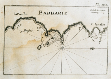 Χάρτης του λιμανιού και του κόλπου του Μπούμπα και του ακρωτηρίου Ραζατίν κοντά στη Ντέρνα της Λιβύης.