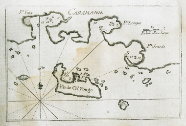 Χάρτης του Καστελλόριζου και των παραλίων μεταξύ Αντίφελλου, σημερινό Κας, και Καλαμακίου, σημερινό Καλκάν.