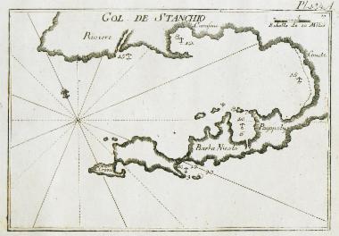 Χάρτης των παραλίων γύρω από την Αλικαρνασσό, το σημερινό Μπόντρουμ, στον κόλπο της Κω.