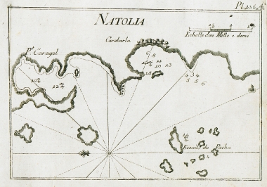Χάρτης των παραλίων μεταξύ Γκίουντογαν και Τορμπά, στο βόρειο τμήμα της χερσονήσου της Αλικαρνασσού, σήμερα χερσόνησος του Μπόντρουμ.