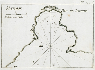Χάρτης του λιμανιού της Κρήνης, του σημερινού Τσεσμέ, απέναντι από τη Χίο, και άποψη της πόλης.