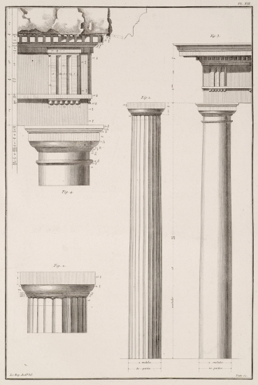 Παραδείγματα δωρικού ρυθμού από μνημεία της Ρώμης: Εικ. 1 και 2. Κίονας και κιονόκρανο από το περιστύλιο της εκκλησίας του Αγίου Πέτρου στη Ρώμη. Εικ. 3 και 4. Κίονας, κιονόκρανο και θριγκός από το Θέατρο του Μαρκέλλου (Marcellus) στη Ρώμη.
