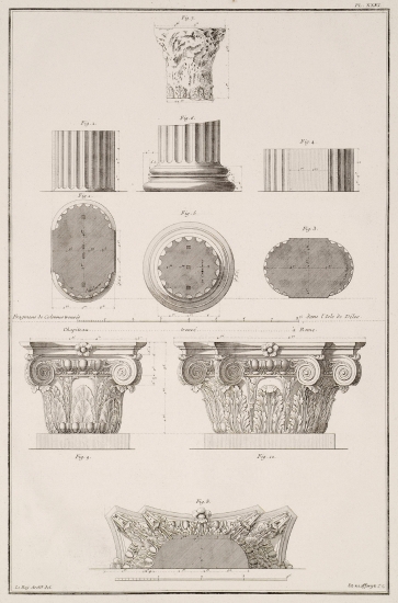 Εικ. 1 έως 7. Θραύσματα κιόνων από τη Δήλο: άνοψη αμφικίονα, όψη αμφικίονα, κάτοψη αμφικίονα, πλάγια όψη αμφικίονα, κάτοψη κίονα, όψη κίονα και όψη ακατέργαστου κορινθιακού κιονόκρανου. Εικ. 8 Άνοψη κορινθιακού κιονόκρανου από τη Ρώμη Εικ. 9 έως 10. Όψεις κορινθιακών κιονοκράνων από τη Ρώμη.