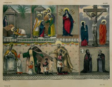 Τοιχογραφίες από την εκκλησία του Αγίου Γεωργίου του Χωστού στηνΦιλέρημο της Ρόδου. Σκηνές από τη ζωή της Παρθένου Μαρίας. Ιωαννίτες ιππότες και παιδιά που προσεύχονται.