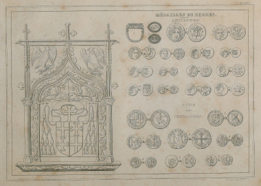 Ανάγλυφο από τη Μεσαιωνική πόλη της Ρόδου. Αρχαία νομίσματα από τη Ρόδο. Νομίσματα της εποχής των Ιπποτών.
