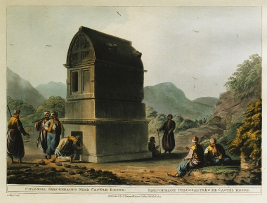 Kαστελλόριζο: Λυκιακή σαρκοφάγος κοντά στο Καστέλο Ρόσο, οχυρό απ'όπου προέρχεται και το όνομα του νησιού.