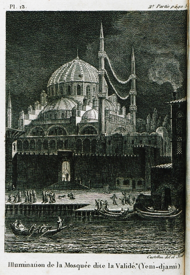 Η φωταγώγηση του τέμενος της Βαλιντέ Σουλτάν ή Νέο τέμενος στο Εμίνενου. Οθωμανοί προσέρχονται για την απογευματινή προσευχή.