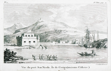 Το λιμάνι του Αβλέμονα ή Καστρί ή Άγιος Νικόλαος, στα Κύθηρα. Ψαράδες μαζεύουν δίχτυα δίπλα από το ενετικό φρούριο του Αγίου Φραγκίσκου.
