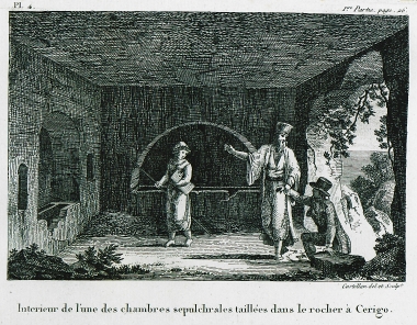 Ευρωπαίος ευγενής ξεναγείται από ιερωμένο στο εσωτερικό λαξευμένου μαυσωλείου, πιθανότατα στην Παλαιόπολη, στα Κύθηρα.