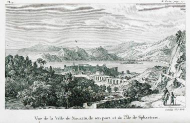 Άποψη του φρουρίου της Πύλου (Νιόκαστρο) και του όρμου του Ναβαρίνου με τη νήσο Σφακτηρία.