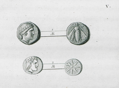 1. Νόμισμα της Ιουλίδας. Στον εμπροσθότυπο παριστάνεται ο Απόλλωνας. 2. Νόμισμα της Καρθαίας.