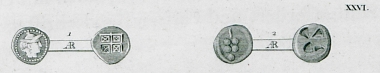 1. Αρχαίο ελληνικό νόμισμα. Στον εμπροσθότυπο παριστάνεται ο Ερμής. 2. Αρχαίο νόμισμα της Κέας.