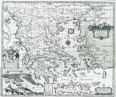 Χάρτης της Ελλάδας με τα δυτικά παράλια της Μικράς Ασίας. Στην ένθετη παράσταση στο κάτω αριστερό τμήμα του χάρτη υπάρχει επίσης άποψη της Κωνσταντινούπολης.