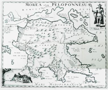 Χάρτης της Πελοποννήσου. Στην ένθετη παράσταση, πάνω δεξιά, απεικονίζεται Αλβανός βοσκός με τοπική ενδυμασία, ενώ στο κάτω αριστερά ένθετο, άποψη της Μονεμβασιάς.