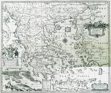 Χάρτης της Ελλάδας με τα δυτικά παράλια της Μικράς Ασίας. Στην ένθετη παράσταση στο κάτω αριστερά τμήμα του χάρτη υπάρχει επίσης άποψη της Κωνσταντινούπολης.