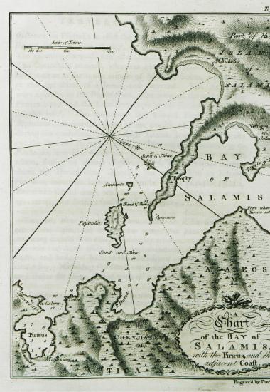 Χάρτης του κόλπου της Σαλαμίνας με το λιμάνι του Πειραιά και της απέναντι της νήσου ακτής.