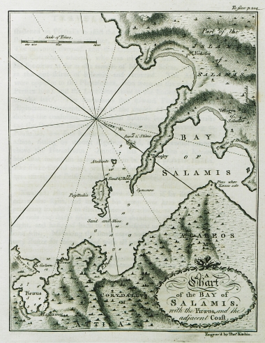 Χάρτης του κόλπου της Σαλαμίνας με το λιμάνι του Πειραιά και της απέναντι της νήσου ακτής.