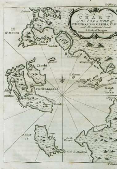 Χάρτης της Λευκάδας, της Κεφαλονιάς, της Ζακύνθου και των απέναντι ακτών στην ηπειρωτική Ελλάδα.