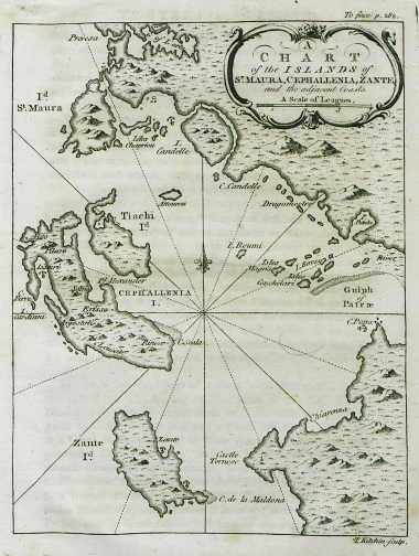 Χάρτης της Λευκάδας, της Κεφαλονιάς, της Ζακύνθου και των απέναντι ακτών στην ηπειρωτική Ελλάδα.
