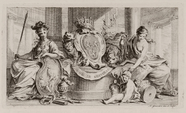 Αλληγορική παράσταση. Πιθανότατα παριστάνονται ο Πόλεμος και η Ειρήνη προσωποποιημένοι σε γυναικείες μορφές. Στο κέντρο ο θυρεός του Λόρδου του Pembroke, στον οποίο ο Pococke αφιέρωσε το έργο του.