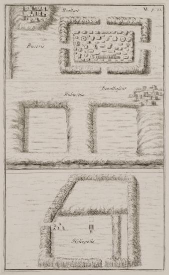 Κάτοψη των ερειπίων του ναού της Ίσιδος στην αρχαία αιγυπτιακή πόλη Βούσιρι κοντά στο σημερινό Μπεχμπέιτ- Ελ-Άγκαρ. Κάτοψη του αρχαιολογικού χώρου της αρχαίας Βουβάστιδος ή Βουβάστου. Κάτοψη των ερειπίων της αρχαίας Ηλιούπολης στο σημερινό Κάιρο, όπου σημειώνεται η θέση αγάλματος Σφίγγας (Α) και ερειπίων οβελίσκου (Β).
