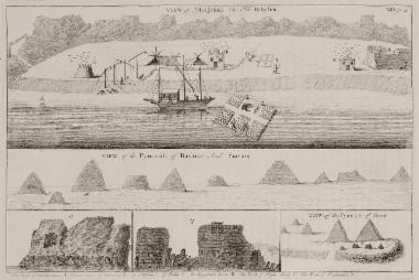 Άποψη των ερειπίων του φρουρίου της Βαβυλώνας στη σημερινή κοπτική συνοικία του Καΐρου. Άποψη των Πυραμίδων του Νταχσούρ και της Σακκάρα. Άποψη των Πυραμίδων της Γκίζας.