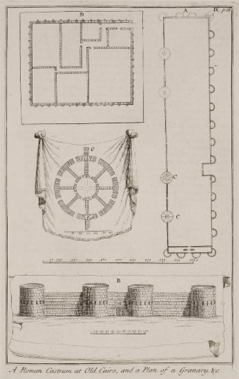 Κάτοψη της σιταποθήκης στην σημερινή Κοπτική Συνοικία του Καΐρου. Κάτοψη ρωμαϊκού φρουρίου στην Κοπτική συνοικία του Καΐρου. Κάτοψη πύργου του φρουρίου (C). Όψη του ρωμαϊκού φρουρίου (Β).