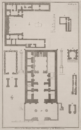 Κάτοψη των ερειπίων του αιγυπτιακού λαβυρίνθου που αναφέρει ο Ηρόδοτος, κοντά στην Κροκοδειλόπολη (Αρσινόη) στο σημερινό Φαγιούμ.